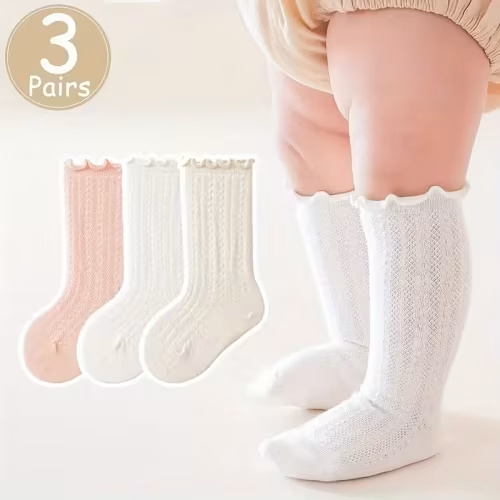 3 pair girls mesh thin baby long stockings ruffle cuffs - Temu