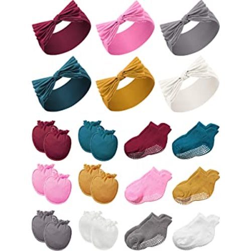 Geyoga 18 Pieces Baby Headband Newborn Socks and Mittens Sets Elastic Baby Essentials Boys Girls 0-6 Months (Wine Red, Pink, Yellow, Balsklish Green, White, Black)