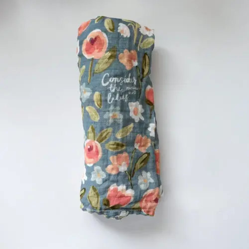 Consider the Lilies Catholic Baby Muslin Swaddle Blanket