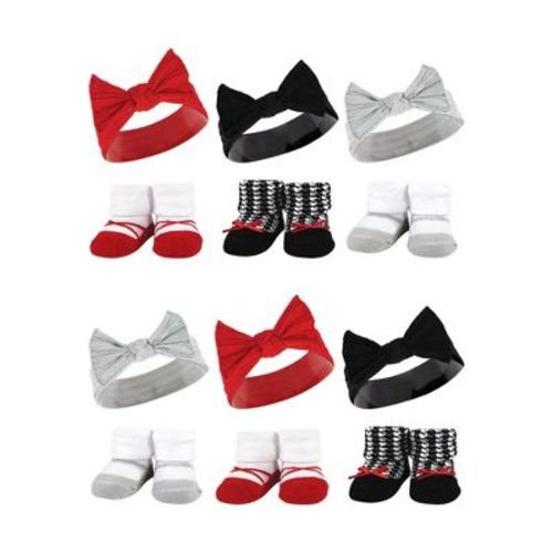 Hudson Baby Infant Girl 12Pc Headband and Socks Giftset, Red Houndstooth Bows, One Size
