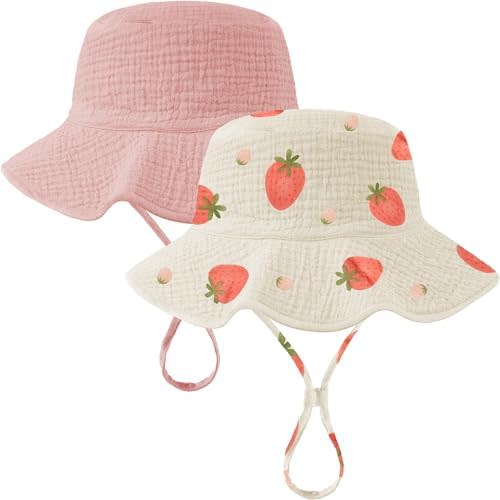 2 Pack Muslin Baby Sun Hat UPF 50+ Sun Protection Baby Bucket Hat with Wide Brim Beach Hats for Boys Girls