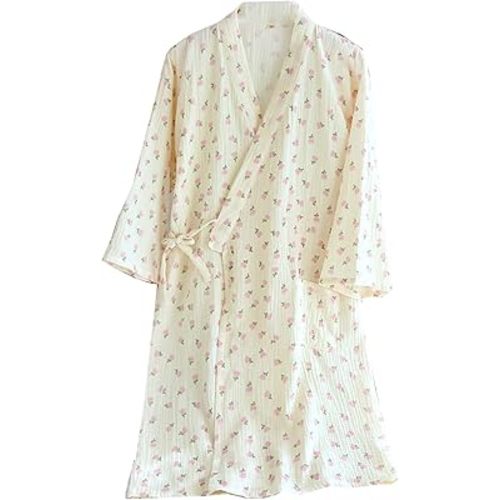 Cotton Gauze Mid-length Nightdress Printed Tie-belt Bathrobe Loose Pajamas Comfortable Nightgown Sweat Steaming Yukata Sauna Suit Sleepwear Kimono for Women Large(Bear)
