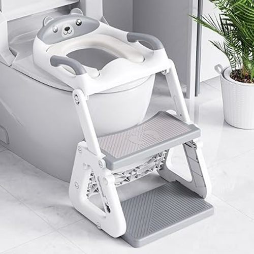 Orzbow 2-IN-1 Potty Training Toilet Seat with Step Stool for Toddler, Stability Training Potty Seat for Kids Boys Girls with Splash Guard and Anti-Slip Pad, Adjustable Ladder & Potty Seat Height, Grey