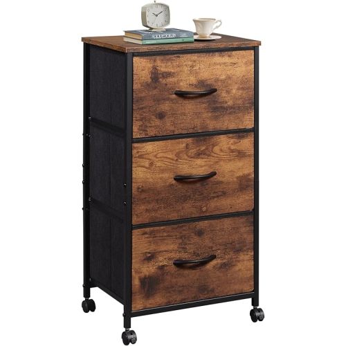 WLIVE Dresser with 3 Drawers, Fabric Nightstand, Cabinet with Wheels, Organizer Storage Dresser for Bedroom, Office, Closets, Sturdy Steel Frame, Easy Pull Handle, Rustic Brown Wood Grain Print
