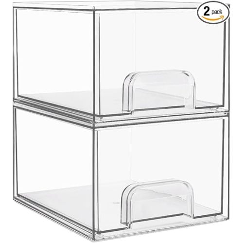 Vtopmart 2 Pack Small Clear Stackable Storage Drawers,Acrylic Bathroom Makeup Organizer,Plastic Storage Bins For Vanity, Undersink, Kitchen Cabinets, Pantry, Home Organization