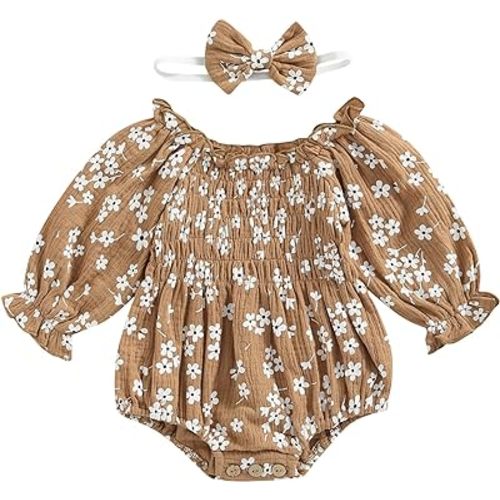 2pcs Infant Baby Girls Romper Dress Headband Long Sleeve Clothing Flowers Newborn Boho Girl Outfit Jumpsuit Clothes
