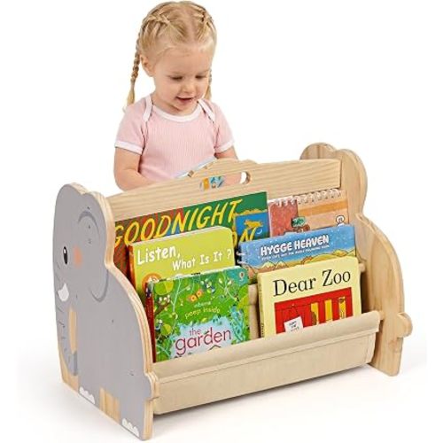 Kids Bookshelf, 4-Tier Wooden Baby Book Shelf with Handle for Kids Rooms