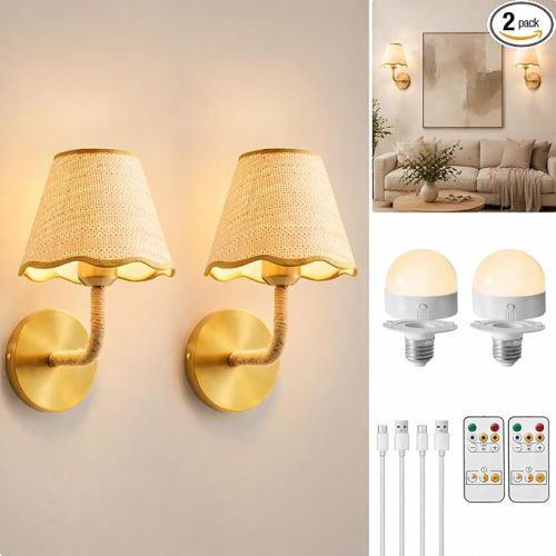 Battery Operated Wall Sconces, Wireless Boho Rattan Wall Lamp with Stepless Dimming, Timer, 3 Color Temps, Rechargeable LED Bulbs, No Wiring Needed for Bedroom, Living Room Decor
