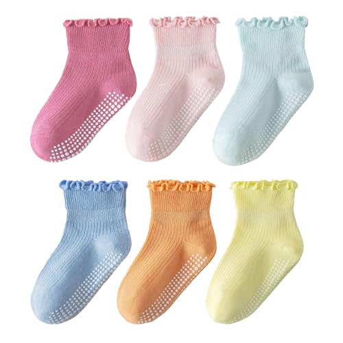 6 Pairs Toddler Ruffle Socks for Girls Baby Grip Socks Non Slip Socks Cute Grippy Frilly