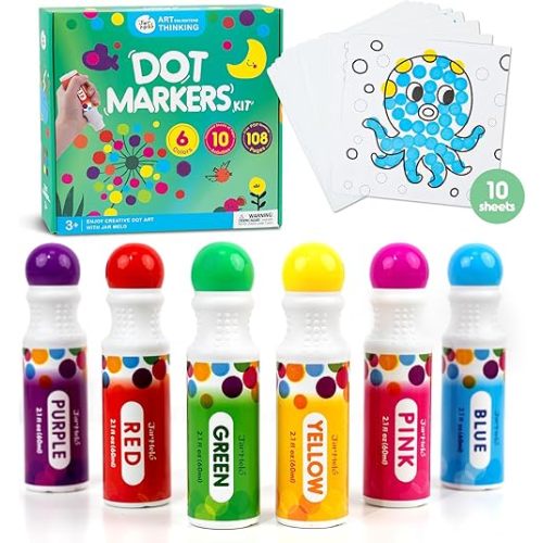 Jar Melo Washable Dot Markers, 6 Colors Dot Paints with 108 PDF & 10 Physical Activity Papers, Non-Toxic Bingo Daubers for Toddlers 1-3 2-4