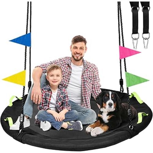 HeyZoo 48 inch Tree Swing, Larger Saucer Flying Swing for Whole Family, 900lbs Weight Capacity, with Adjustable Hanging Straps, for Outdoor Backyard, Gifts for Kids, Black