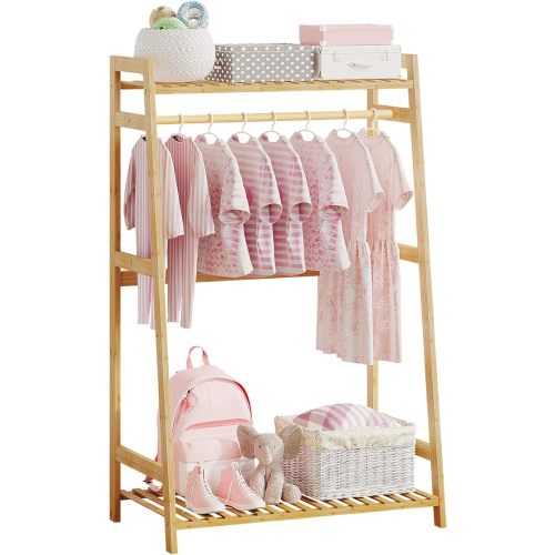 Kids Clothing Rack with Shelves, Bamboo Clothes Garment Rack for Kids Child Baby, Kids Dress Up Storage Rack with Top Shelf, Toddlers Wardrobe Closet for Nursery (Medium Size)