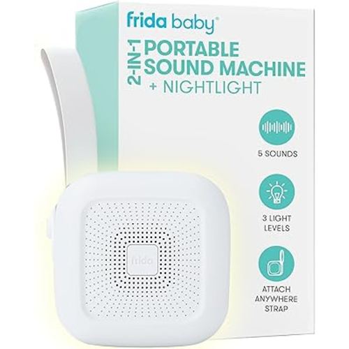 Frida Baby 2-in-1 Portable Sound Machine for Baby + Nightlight | White Noise Sound Machine for Baby with 5 Soothing Sounds & 3 Nightlight Modes | Travel Sound Machine Attaches to Strollers, Car Seats