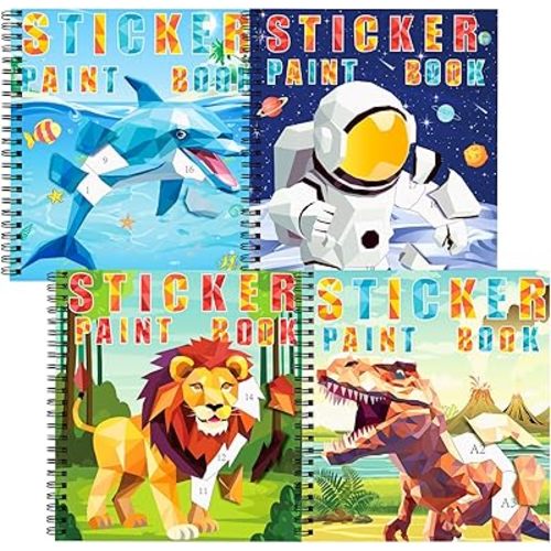 homicozy 4PCS Sticker Paint Books for Kids Ages 4-10,Dinosaur Astronaut Ocean Animals Designs Paint by Stickers,Sticker by Numbers,Party Birthday Gifts for Boys 4-10,Create 40 Pictures at a Time
