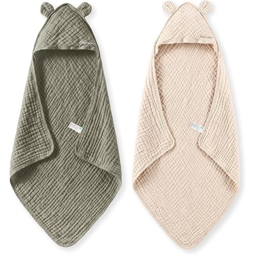 Momcozy Baby Towels, 6-Layer 100% Cotton Muslin Hooded Baby Towel Set for Newborn, Infant & Toddler, Soft Absorbent Baby Bath Essentials, Large 32 x 32 Inch