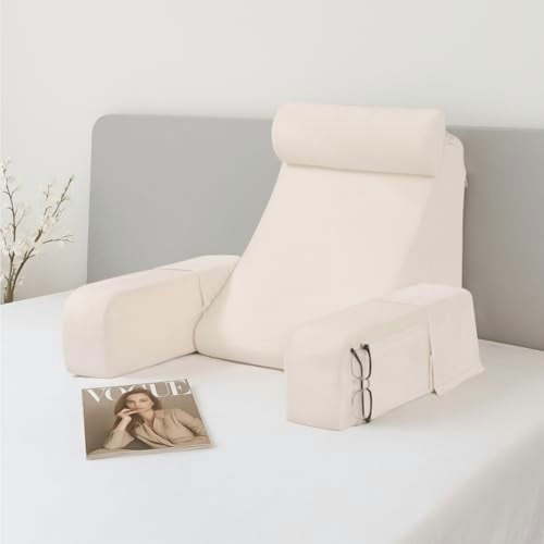 19" Back Pillow for Bed Sitting up, Big Pockets and Washable Removable Cover, Reading Chair for Watching TV/Reading/Gaming/Resting in Bed, Couch or Floor, Medium(Ivory)