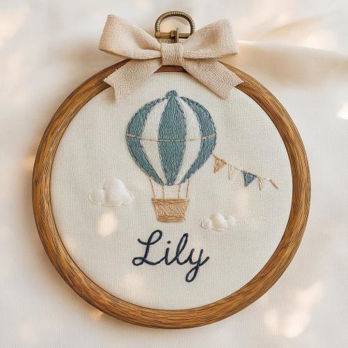Custom Baby Name Embroidery Hoop: Hot Air Balloon Nursery Decor