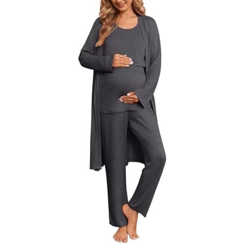 Ekouaer Maternity Sets 3 Pieces Labor and Delivery Gown Postpartum Essentials Nursing Pajamas Breastfeeding