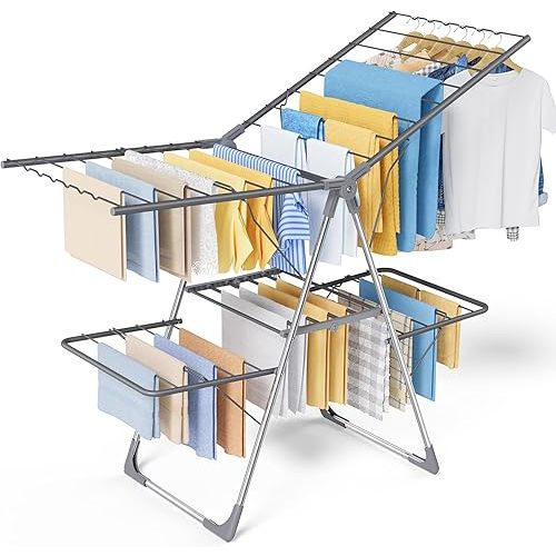 Sakugi Clothes Drying Rack, Foldable 2-Level Laundry Drying Rack with Height-Adjustable Wings, for Clothing & Bedding, Free-Standing Space-Saving Rack, Indoor & Outdoor, 55.5" L × 22.8" W, Gray