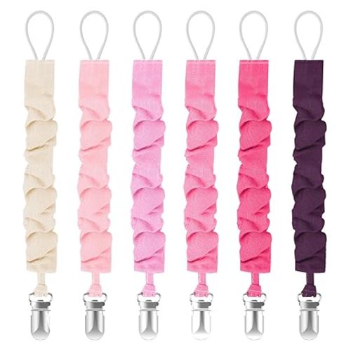 TenderBabe Pacifier Clip,6 Pack Pacifier Holder Clip with Adorable Frill Design,Soft Flexible Binky Clips for Baby Girl and Boy