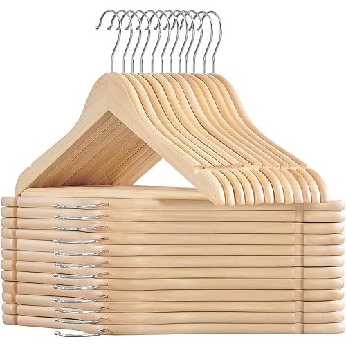 SONGMICS Wooden Hangers, Pack of 24, Coat Hangers, Non-Slip, Pants Bar, 360° Swivel Hooks, for Jackets, Shirts, Coats, Natural Wood UCRW010N24