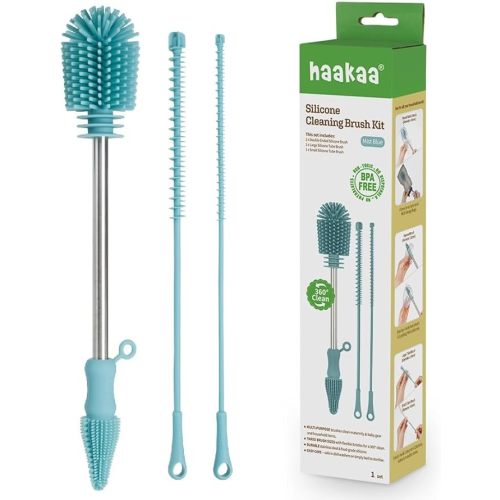 Haakaa Silicone Cleaning Brush Kit – Household Cleaning Brushes for Bottles and Crevices – Food-Grade Silicone: Dishwasher Safe (Kit-Mist Blue)