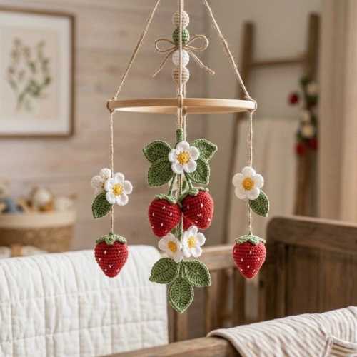 Crochet Strawberry Baby Mobile – Handmade Crib Mobile with Flowers, Strawberry Nursery Decor, Baby Shower Gift, Gift for Baby
