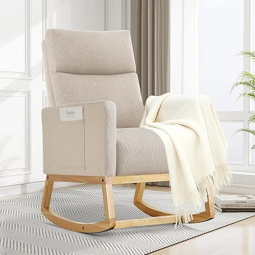 Rocking Chair Nursery, Upholstered Glider Rocking Chair for Nursing, Comfy Indoor Rocker Chairs Padded Seat with High Backrest Side Pocktet for Living Room, Bedroom, Babyroom, Cream