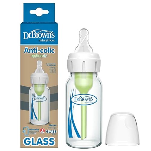 Dr. Brown's Anti-Colic Options+ Narrow Glass Baby Bottle with Level 1 Slow Flow Nipple, BPA-Free, 4 oz/120mL, 0m+, 1-Pack (Packaging May Vary)