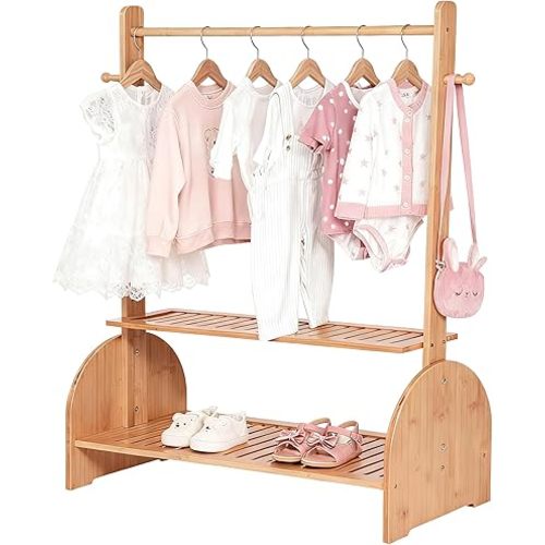 Kids Clothing Rack with Adjustable Rods, Children Clothes Garment Rack for Kids Baby Pet, Kids Dress Up Rack with 2 Bottom Shelves, Kids Wardrobe Closet for Toddlers Nursery (Natural)