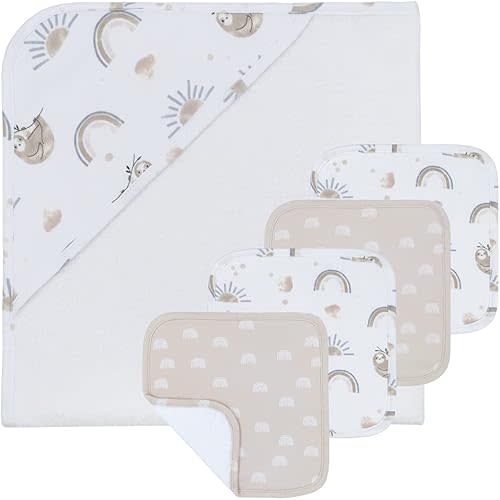 Baby Hooded Towel 5pc Bath Gift Set - Rainbow Sloth -100% Cotton, Ultra Soft & Absorbent for Baby Essentials, Newborn Infant Delicate Skin & Gift Ideas (1pc Hooded Towel & 4pcs Washcloth)