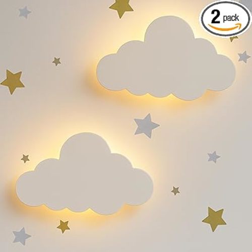 Cloud Wall Lights 2 Pack for Nursery – Dimmable & Rechargeable Night Lights for Baby Room Decor (Star Decals Included)