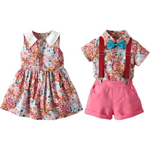 Moyikiss Studio Baby Boy Girl Brother and Sister Matching Outfits, Plaid Floral Sleeveless Bowtie Dress+Shorts 2Pcs