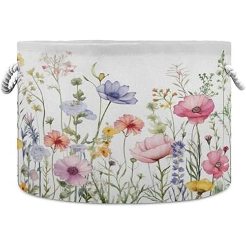 Herbal Wildflowers Cotton Rope Basket Large Round Baby Laundry Basket Toy Blanket Books Storage Bin for Bedroom Bathroom Nursery Home Decor, 20 x 14 Inch
