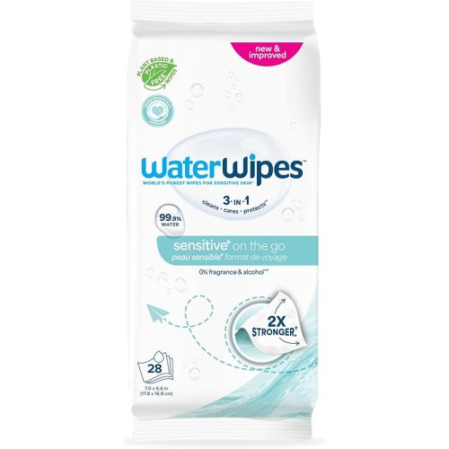 WaterWipes Sensitive+ On The Go Wipes, 3-In-1 Cleans, Cares, Protects, 99.9% Water, Unscented & Hypoallergenic Wet Wipes, 28 Count (Pack of 1)