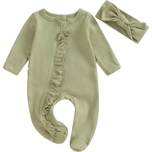 Fanvereka Newborn Infant Baby Girl Fall Outfit Romper 3 6 12 Months Girls Long Sleeve Full Length Zipper Footie Headband