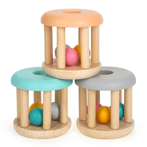 DUCKBOXX XX Montessori Infant Toys, Natural Wood Rolling Rattle Toy for Babies Ages 0m – 2yrs (Burlywood Base - 3pcs)