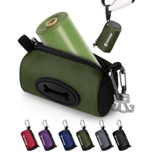 GGobeigo Dog Poop Bag Holder with Used Waste Bag Carrier(Army Green) | Large Opening for Easy Dispensing, Carabiner & Hook-and-Loop Strap Fits Any Leash, Includes 15 Unscented Waste Bags