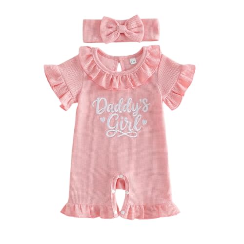 Sejardin Baby Girl Romper Letter Embroidery Newborn Infant Summer Clothes Short Sleeve Ruffle Crew Neck Jumpsuit Headband