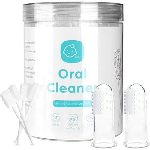 Baby Tongue Cleaner Toothbrush 30Pcs Disposable Infant Tooth Brush Clean with 2Pcs Finger Toothbrush Baby Oral Cleaning Stick Gauze Cleaner Stick Dental (Grey, 30 Piece Assortment)