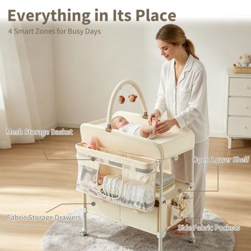 Portable Baby Changing Table with Drawers, Foldable Diaper Changing Station for Newborns, Mobile Nursery Organizer with Waterproof Pad