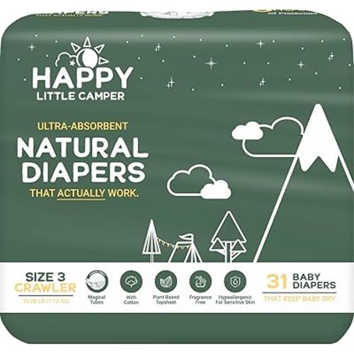 Happy Little Camper Ultra-Absorbent Natural Baby Diapers Size 3 - Hypoallergenic & Chlorine-Free Disposable Diaper Safe for Sensitive Skin - Unscented Crawler Diapers - 31 Count