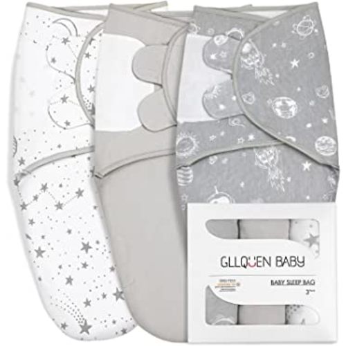 GLLQUEN BABY Organic Newborn Swaddles Sleep Sack, Gray Starry Sky & Astronaut, Swaddle Blankets for Baby Boy, 3 Pack Adjustable Wrap Set, 0-3 Months (Small/Medium)
