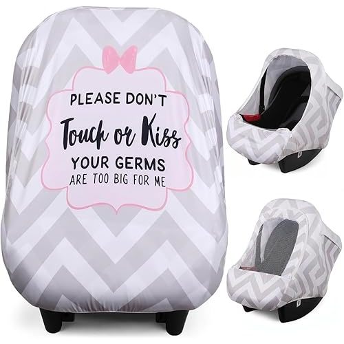 Metplus No Touch Sign Baby Car Seat Cover, Breathable Carseat Canopy with Mesh Window, Windproof Summer Sun Shade, Infant Carrier Stroller Covers for Girls Boys, Stretchy Universal Fit