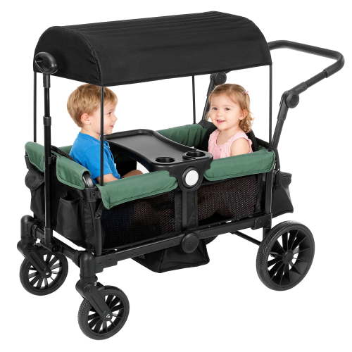 Bobiber Collapsible Wagon Stroller 2 Seater with 3-Point Harnesses, Canopy, Storage Bag, Adjustable Handlebar, 2 Cup Holders, Black