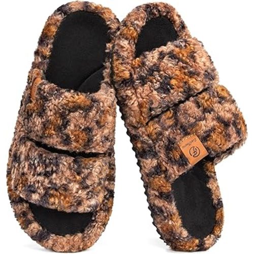 EverFoams Womens Fuzzy Open-toe Slippers Soft Comfy Memory Foam Indoor House Shoes