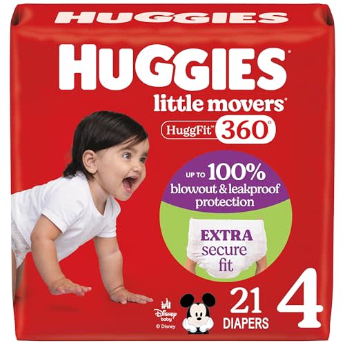 Huggies Size 4 Baby Diapers, Little Movers HuggFit 360° Baby Diapers with 360° Waistband, Size 4 (22-37 lbs), 21 Count, Packaging May Vary