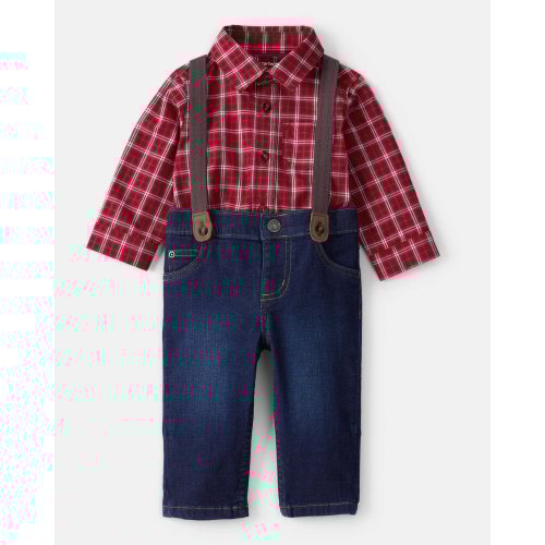 Baby Boy 3-Piece Plaid Print Long-Sleeve Shirt & Suspender Pant Set - Red/Denim - Carter's | Carter's