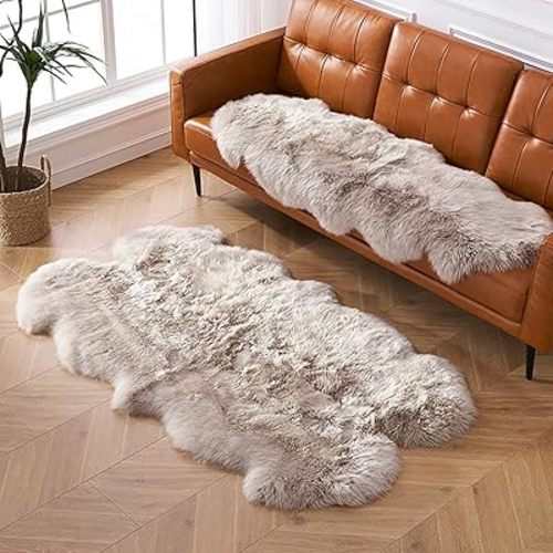 HUAHOO Premium Genuine Sheepskin Rug Linen Real Australia Sheepskin Natural Luxury Fluffy Lambskin Fur Area Rug Seat Covers for Kids Bedroom Sofa Chair Cover Pets Dogs Mat Double Pelt/2' x 3' Linen