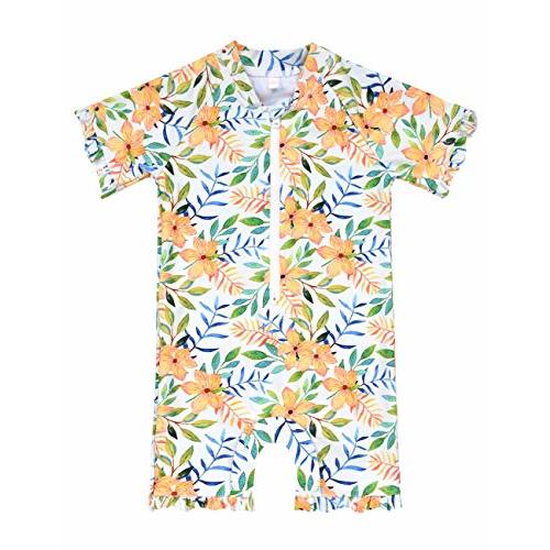 Cadocado Girls Print Zip Rash Guard Swimwear Ruffled UPF 50+ Short Sleeve Bathing Suit Swimsuit